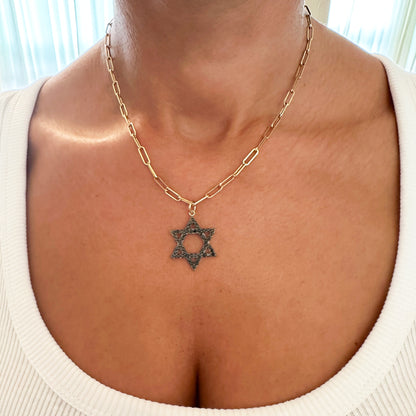 14K Gold Black Diamond Star of David Charm Pendant, Large Size