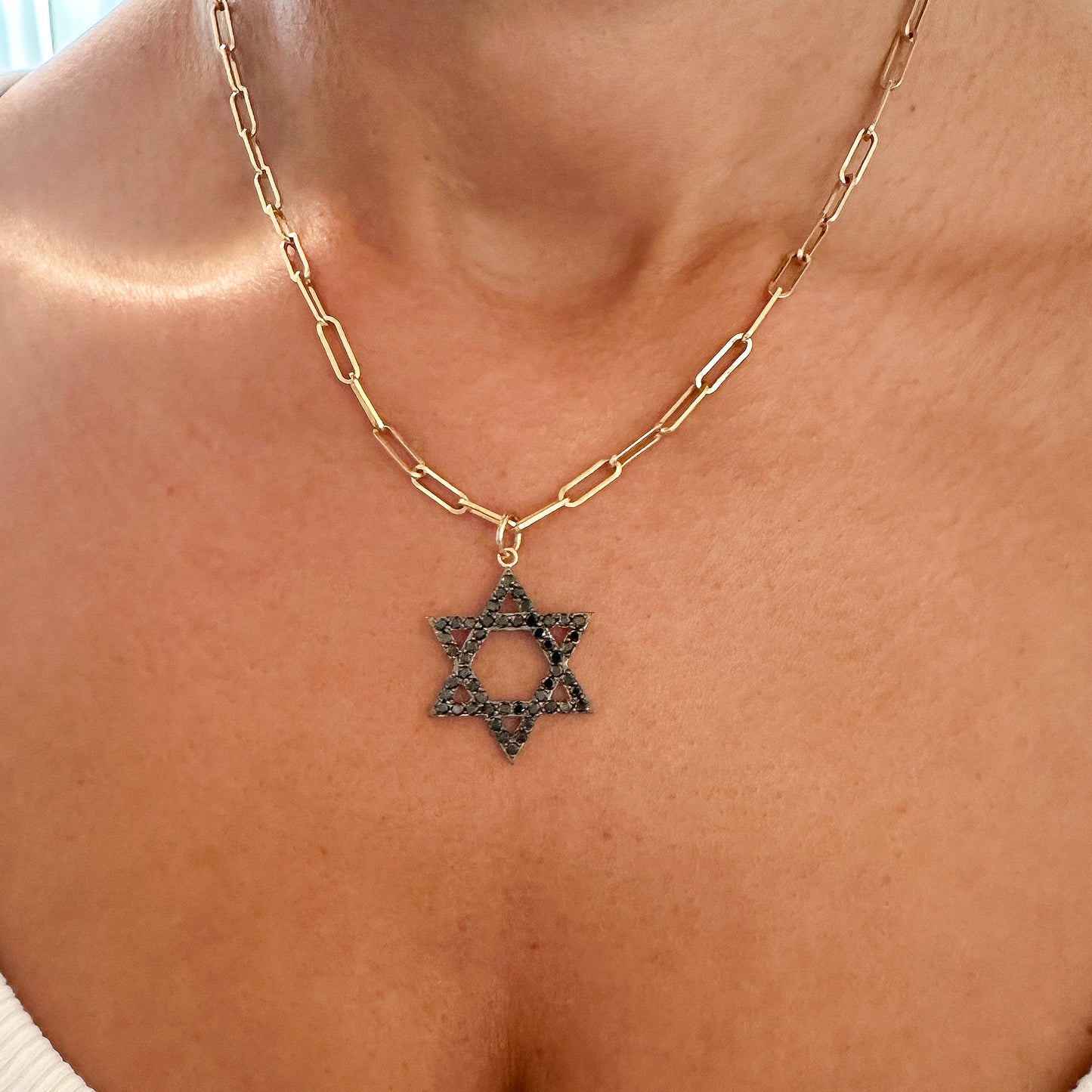 14K Gold Black Diamond Star of David Charm Pendant, Large Size
