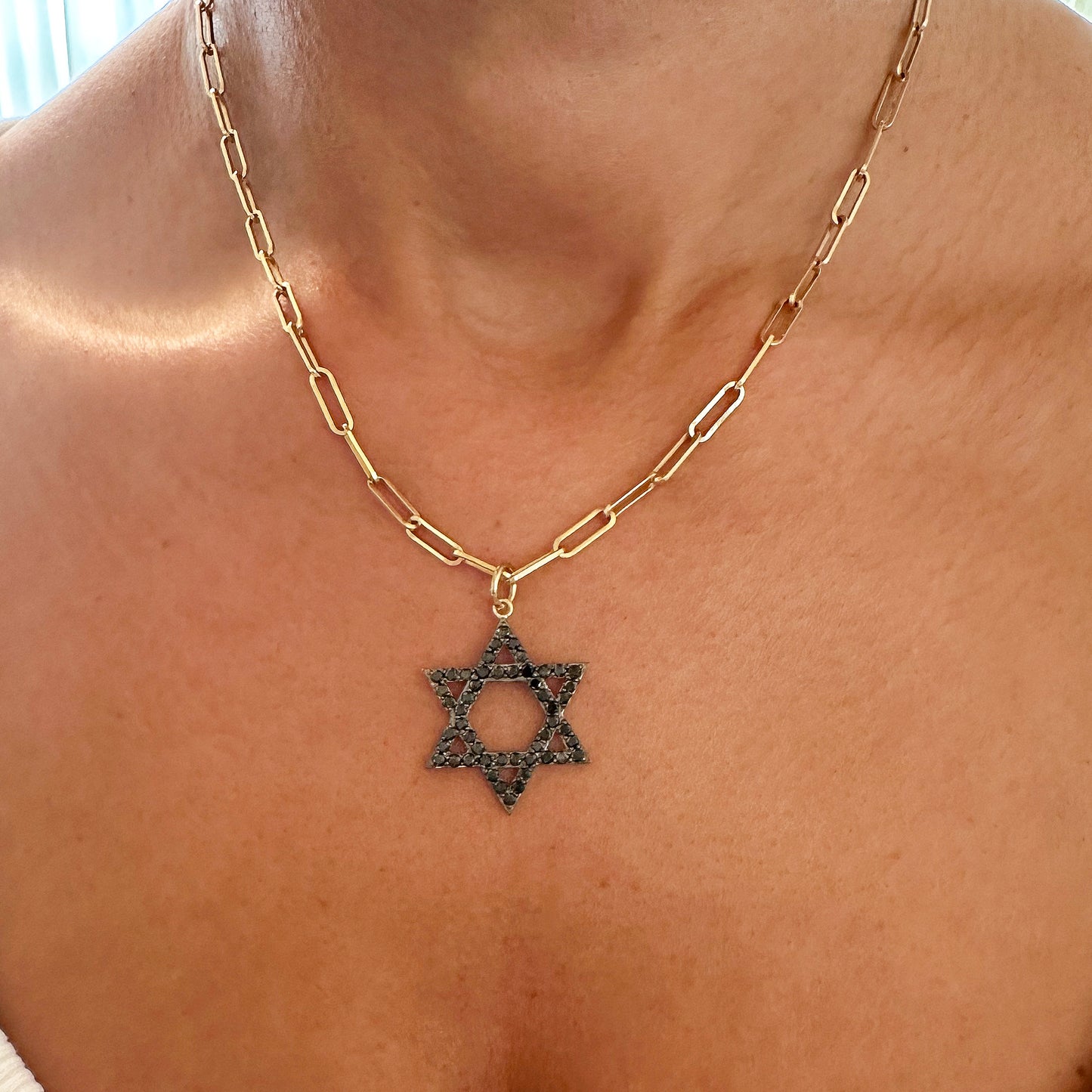 14K Gold Black Diamond Star of David Charm Pendant, Large Size