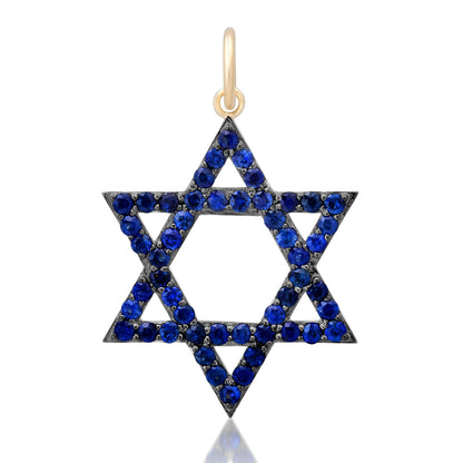 14K Gold Sapphire Star of David Charm Pendant, Large Size
