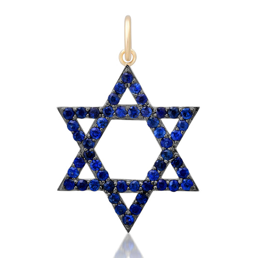 14K Gold Sapphire Star of David Charm Pendant, Large Size