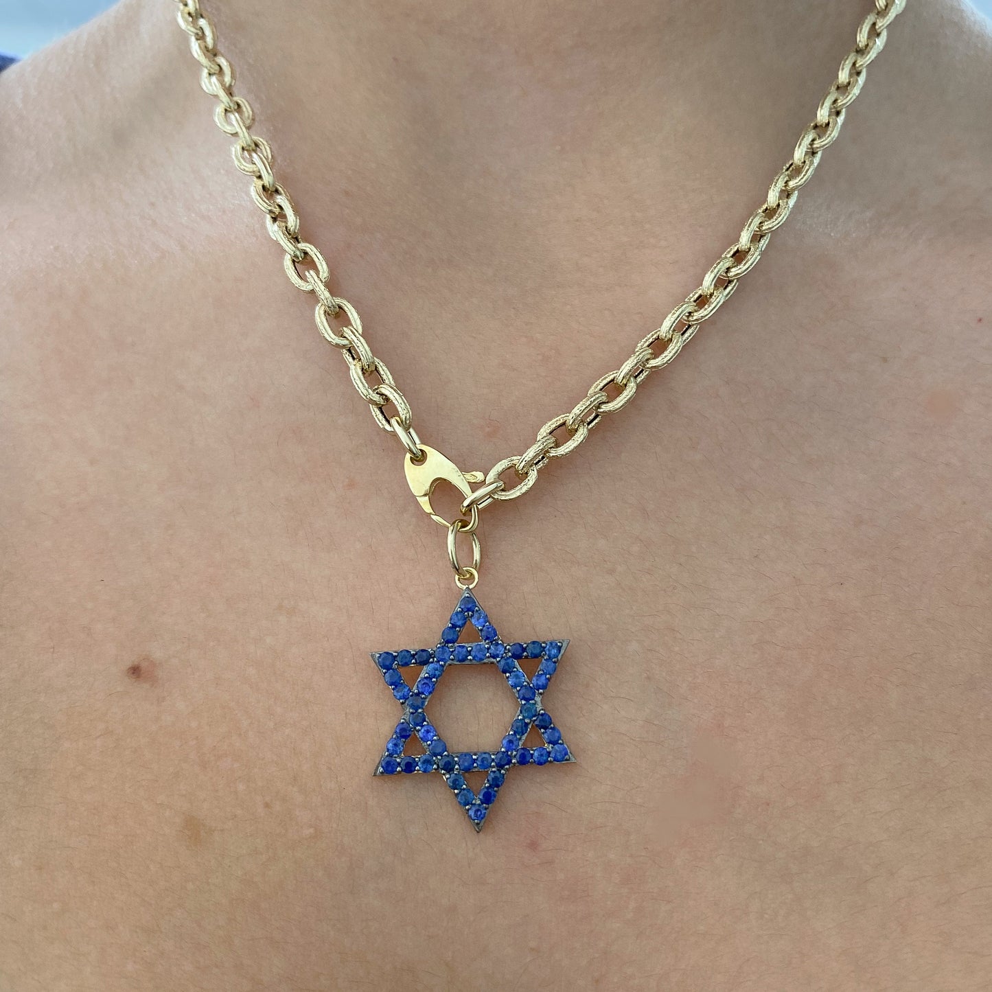 14K Gold Sapphire Star of David Charm Pendant, Large Size