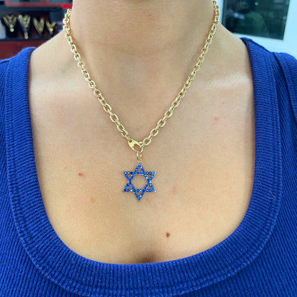 14K Gold Sapphire Star of David Charm Pendant, Large Size