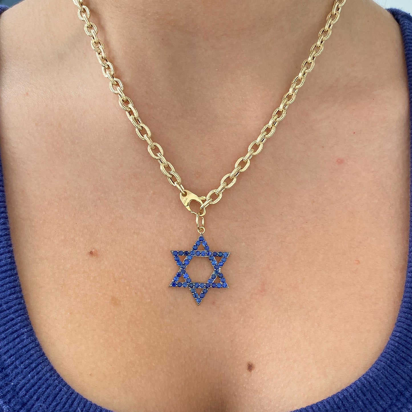 14K Gold Sapphire Star of David Charm Pendant, Large Size