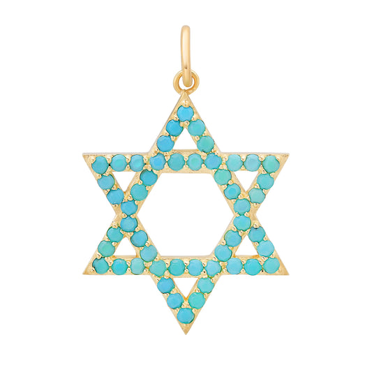 14K Gold Turquoise Star of David Charm Pendant, Large Size