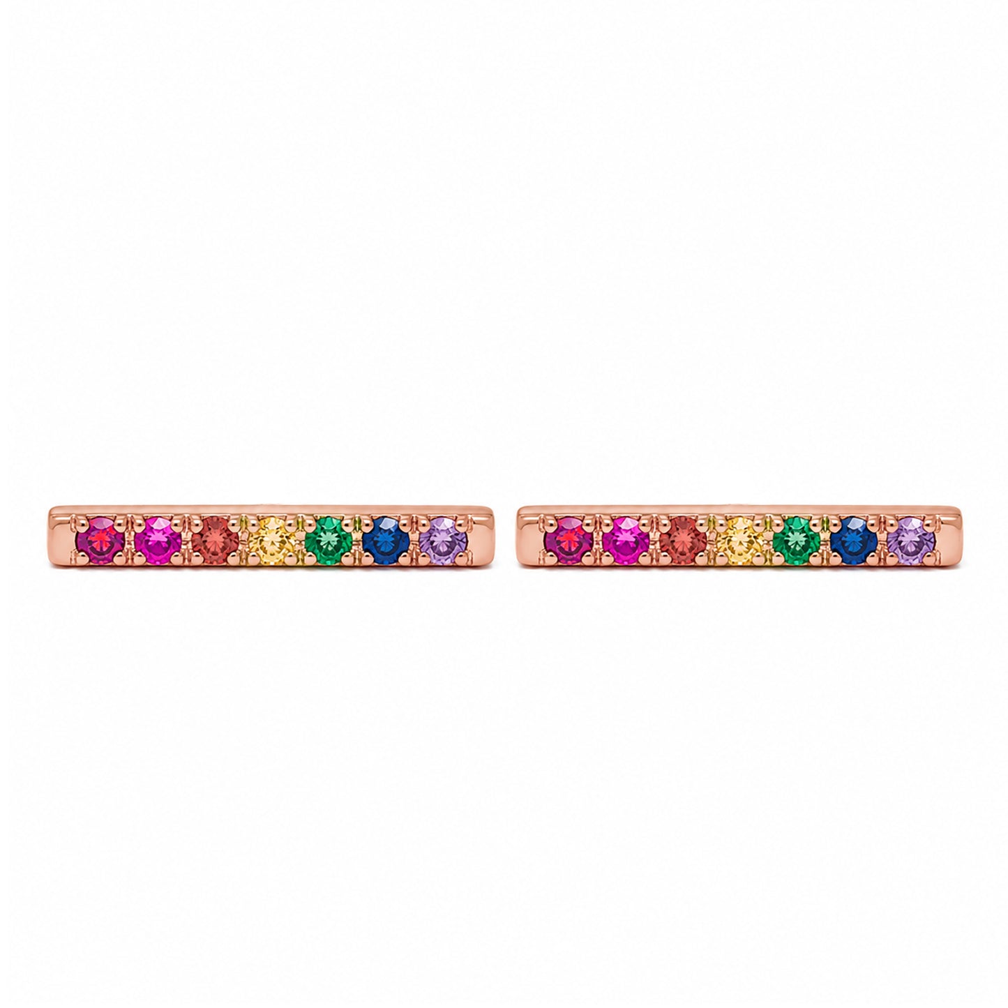 14K Gold Large Pavé Rainbow Gemstone Bar Stud Earrings