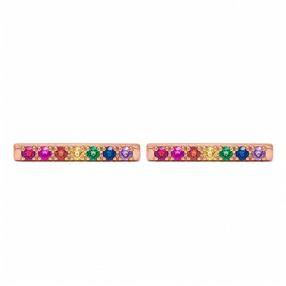 14K Gold Large Pavé Rainbow Gemstone Bar Stud Earrings