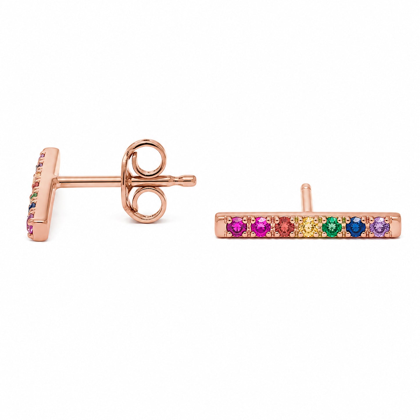14K Gold Large Pavé Rainbow Gemstone Bar Stud Earrings