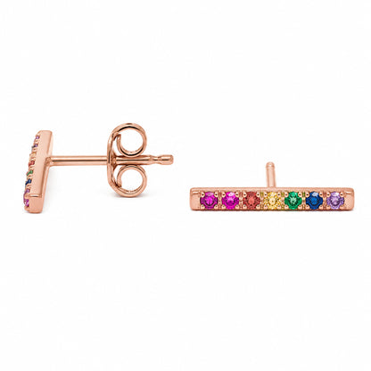 14K Gold Large Pavé Rainbow Gemstone Bar Stud Earrings
