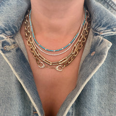 14K Gold Turquoise & Diamond Tennis Necklace