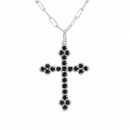 14K Gold Black Diamond Gothic Trinity Cross Charm Necklace ~ Large Size
