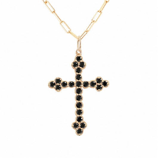 14K Gold Black Diamond Gothic Trinity Cross Charm Necklace ~ Large Size