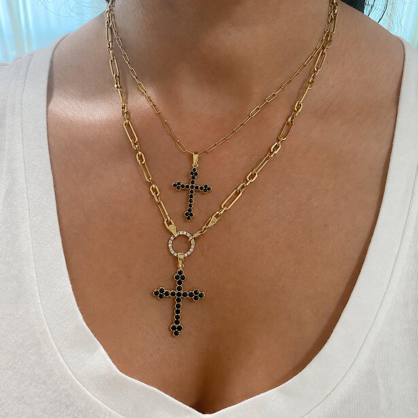 14K Gold Black Diamond Gothic Trinity Cross Charm Necklace ~ Large Size