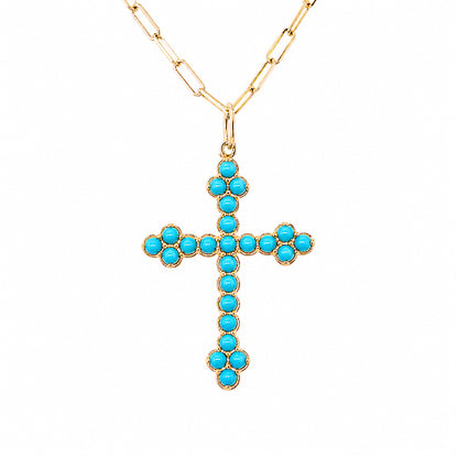 14K Gold Turquoise Gothic Trinity Cross Necklace ~ Large Size