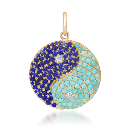 14K Gold Diamond, Lapis Lazuli & Turquoise Yin Yang Charm Pendant ~ Large Size
