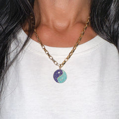 14K Gold Diamond, Lapis Lazuli & Turquoise Yin Yang Charm Pendant ~ Large Size