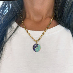 14K Gold Diamond, Lapis Lazuli & Turquoise Yin Yang Charm Pendant ~ Large Size