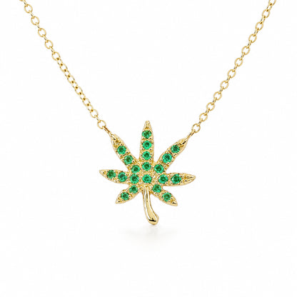 14K Gold Emerald Marijuana Leaf Necklace