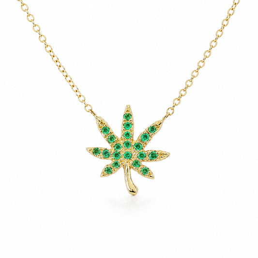 14K Gold Emerald Marijuana Leaf Necklace