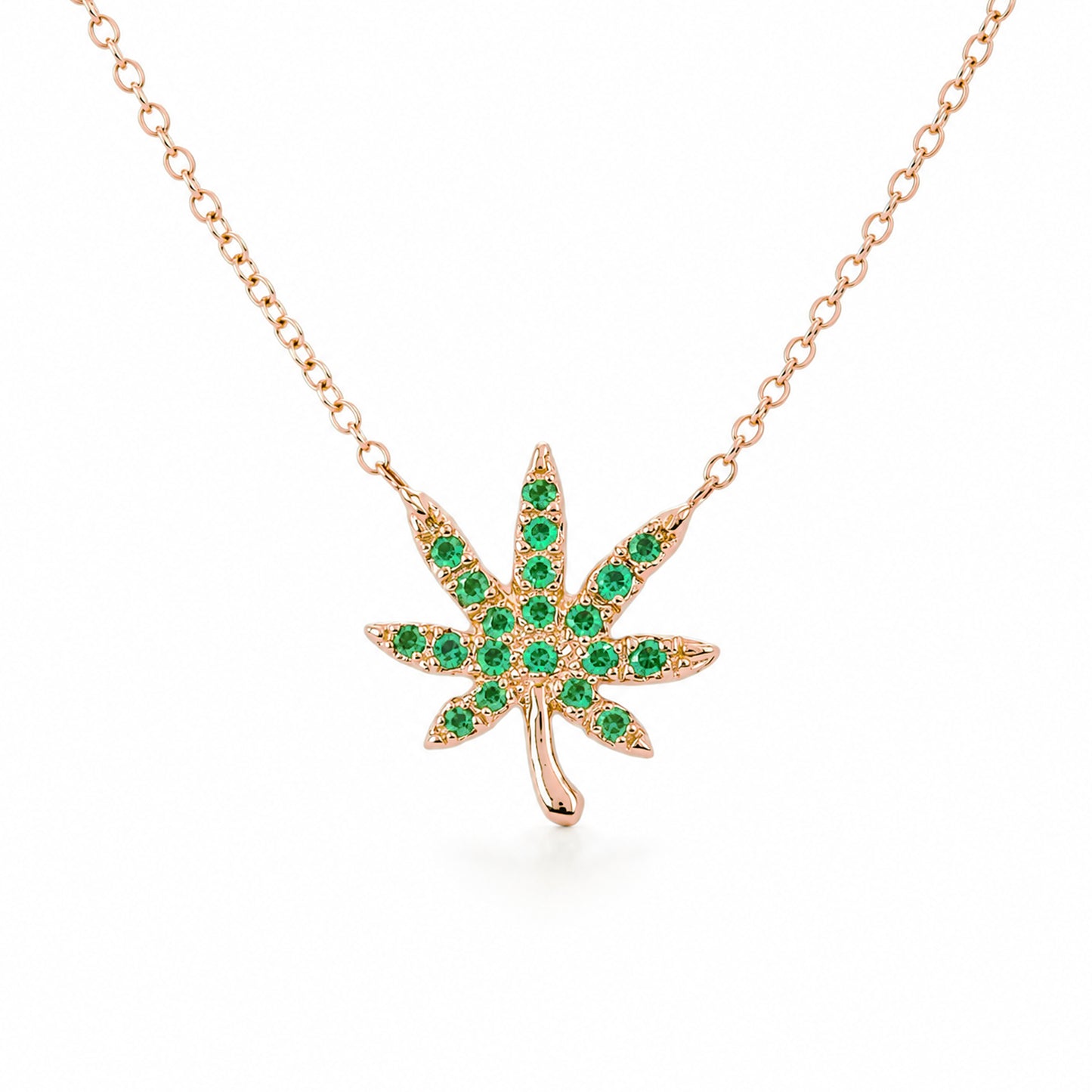 14K Gold Emerald Marijuana Leaf Necklace