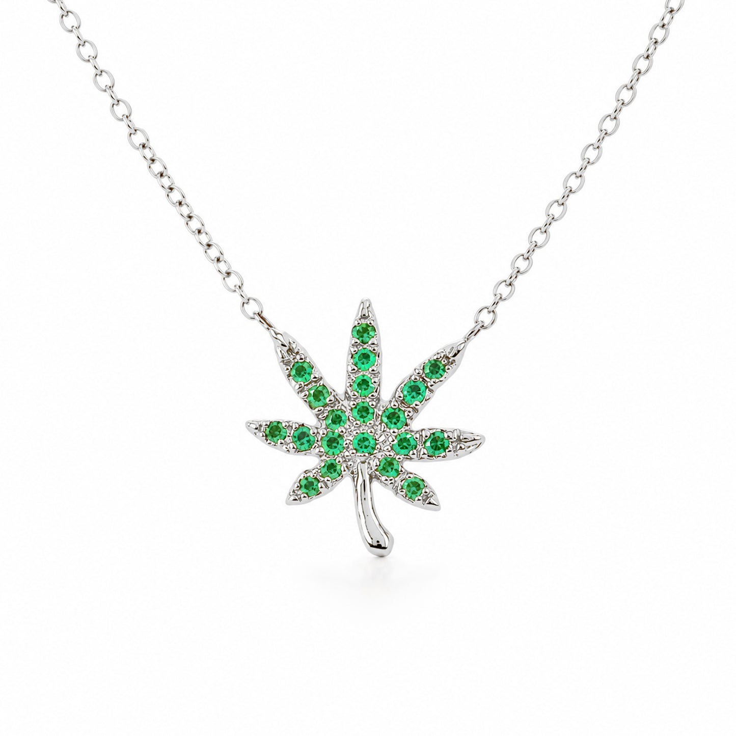 14K Gold Emerald Marijuana Leaf Necklace