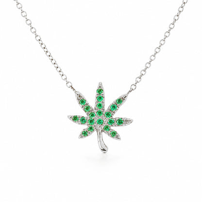 14K Gold Emerald Marijuana Leaf Necklace