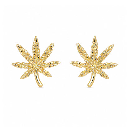 14K Gold Marijuana Leaf Stud Earrings, Medium Size