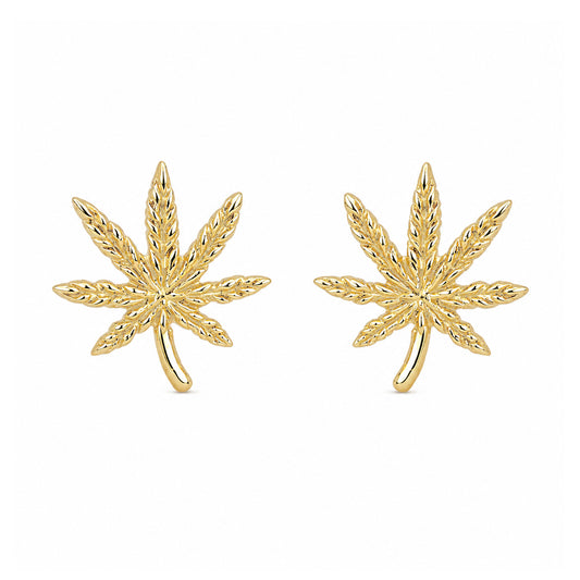14K Gold Marijuana Leaf Stud Earrings, Medium Size