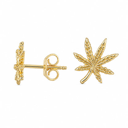 14K Gold Marijuana Leaf Stud Earrings, Medium Size