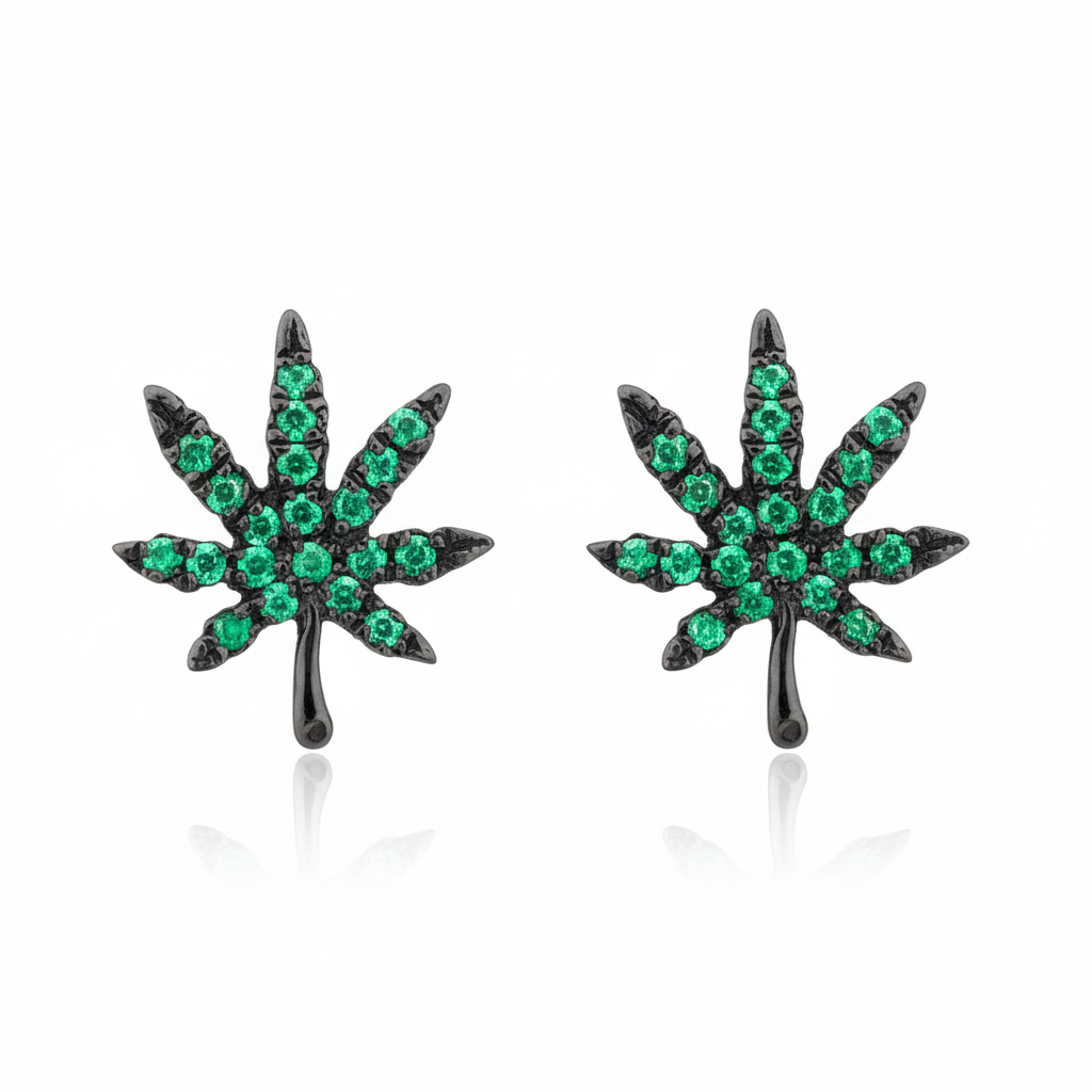 14K Gold Emerald Marijuana Leaf Stud Earrings, Medium Size