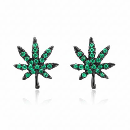 14K Gold Emerald Marijuana Leaf Stud Earrings, Medium Size