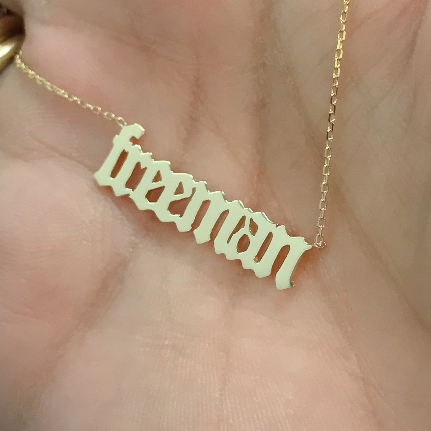 14K Gold Nameplate Pendant Necklace ~ Old English Font