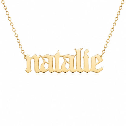 14K Gold Nameplate Pendant Necklace ~ Old English Font