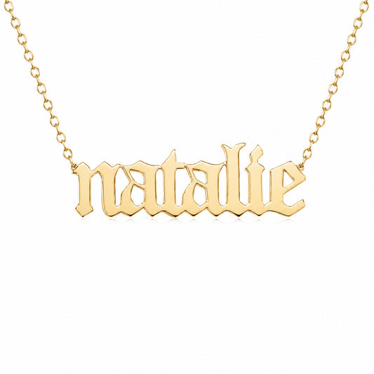 14K Gold Nameplate Pendant Necklace ~ Old English Font
