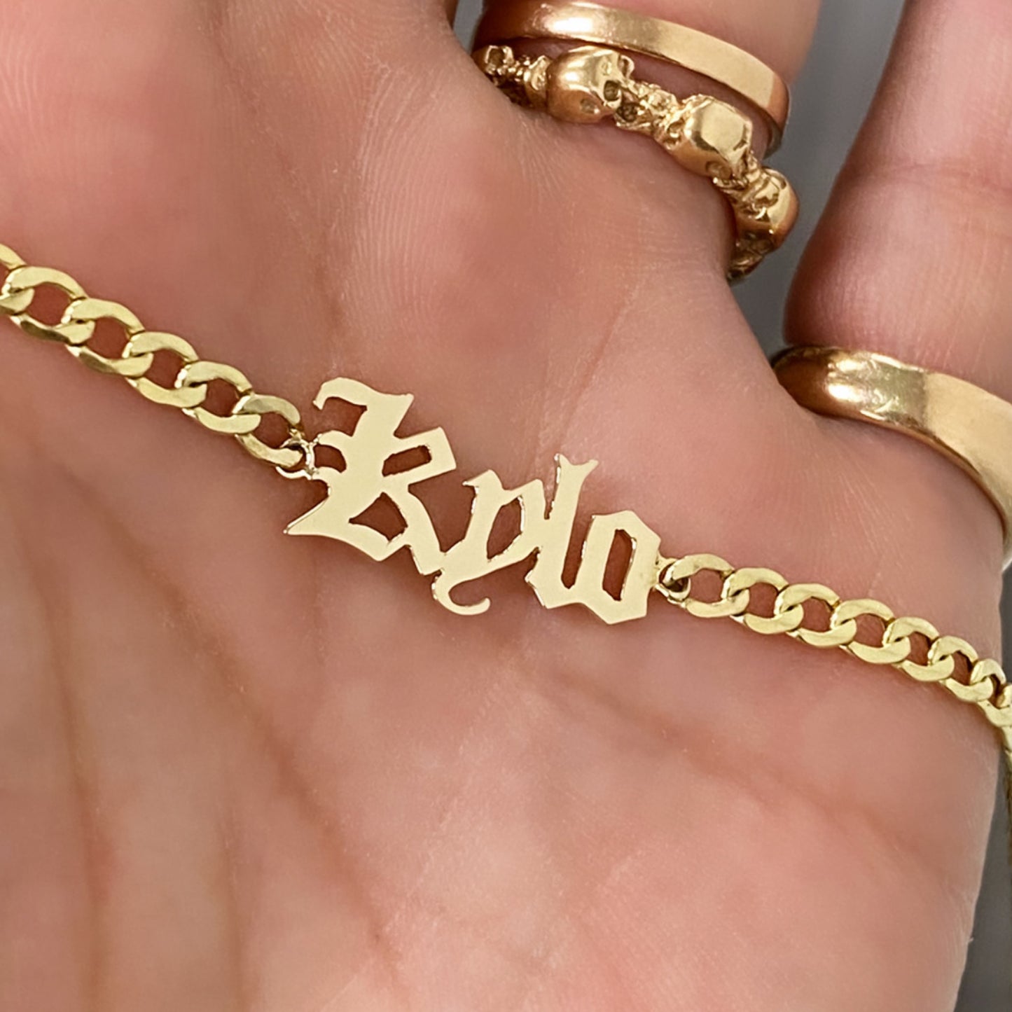 14K Gold Mini Nameplate Bracelet ~ Old English Font
