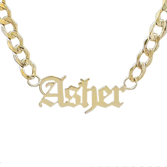 14K Gold Open Curb Link Nameplate Necklace ~ Old English Font