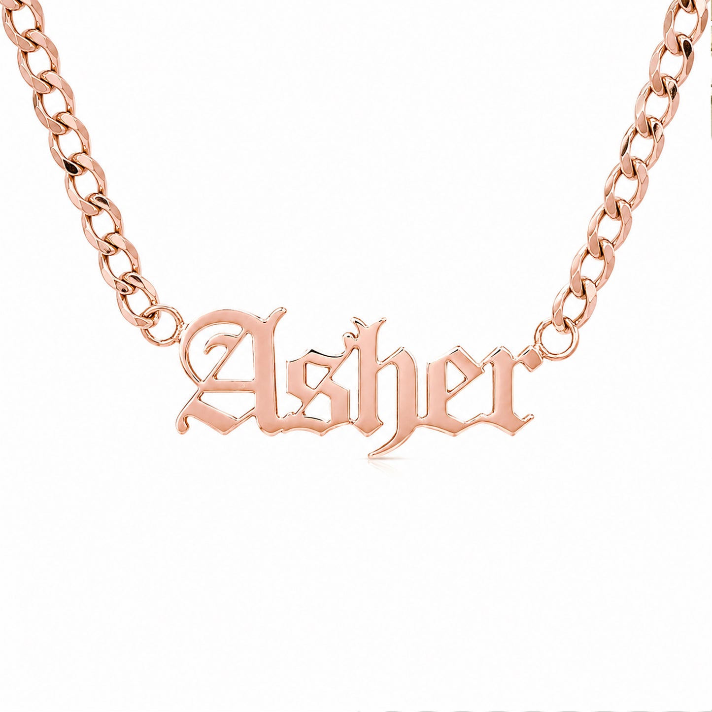 14K Gold Open Curb Link Nameplate Necklace ~ Old English Font