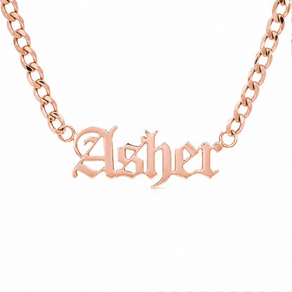 14K Gold Open Curb Link Nameplate Necklace ~ Old English Font