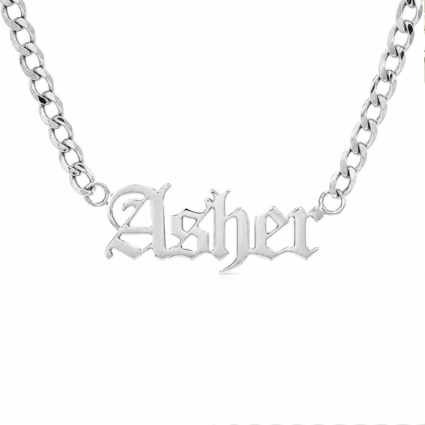 14K Gold Open Curb Link Nameplate Necklace ~ Old English Font