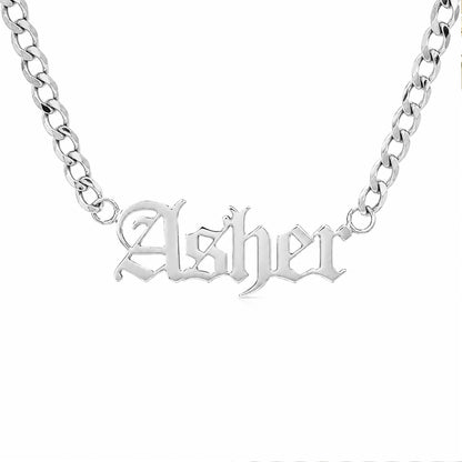 14K Gold Open Curb Link Nameplate Necklace ~ Old English Font