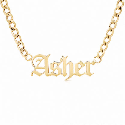 14K Gold Open Curb Link Nameplate Necklace ~ Old English Font