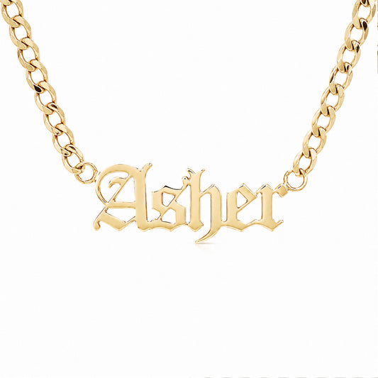 14K Gold Open Curb Link Nameplate Necklace ~ Old English Font