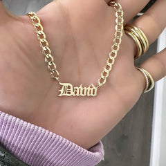 14K Gold Open Curb Link Nameplate Necklace ~ Old English Font