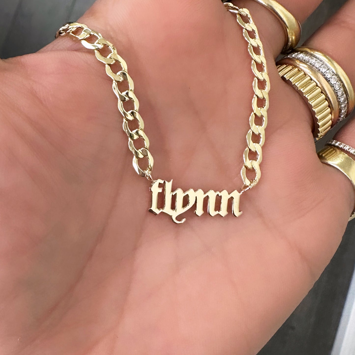 14K Gold Open Curb Link Nameplate Necklace ~ Old English Font