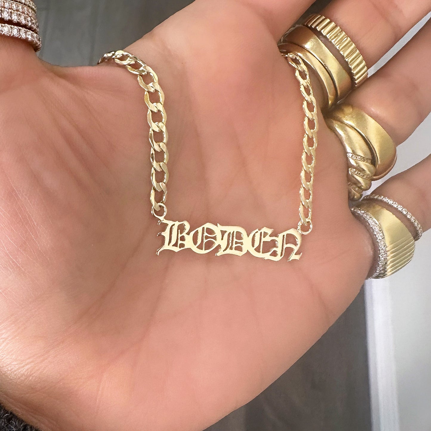 14K Gold Open Curb Link Nameplate Necklace ~ Old English Font