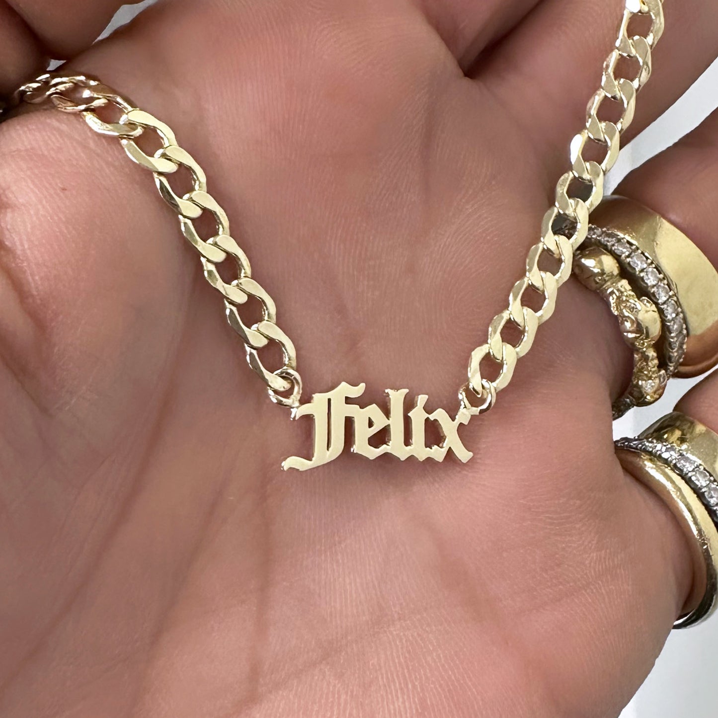 14K Gold Open Curb Link Nameplate Necklace ~ Old English Font