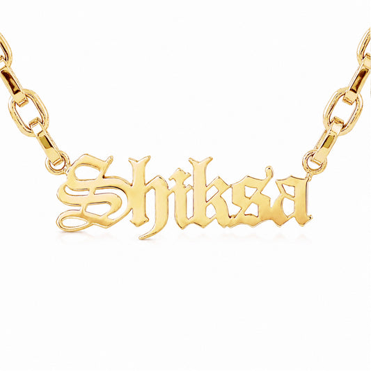 14K Gold Rolo Link Nameplate Necklace ~ Old English Font