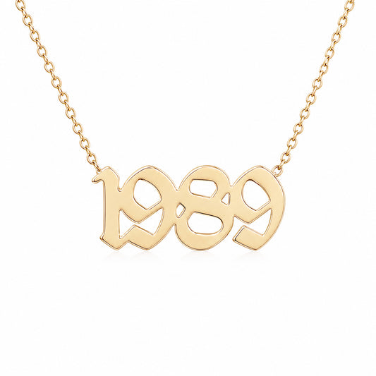 14K Gold Year Plate Pendant Necklace ~ Old English Font