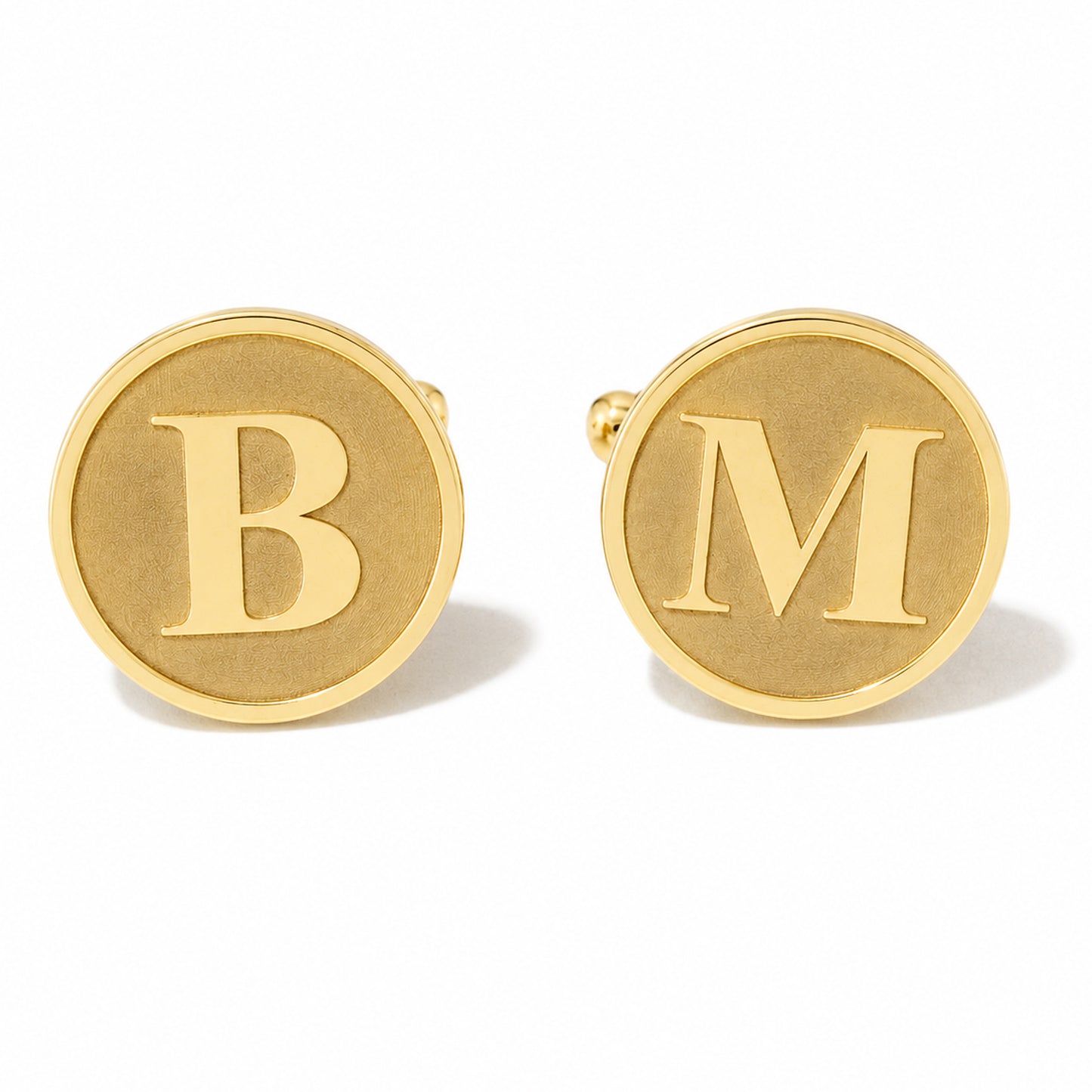 14K Gold Initial Letter Cameo Engraved Coin Cuff Links, Classic Font