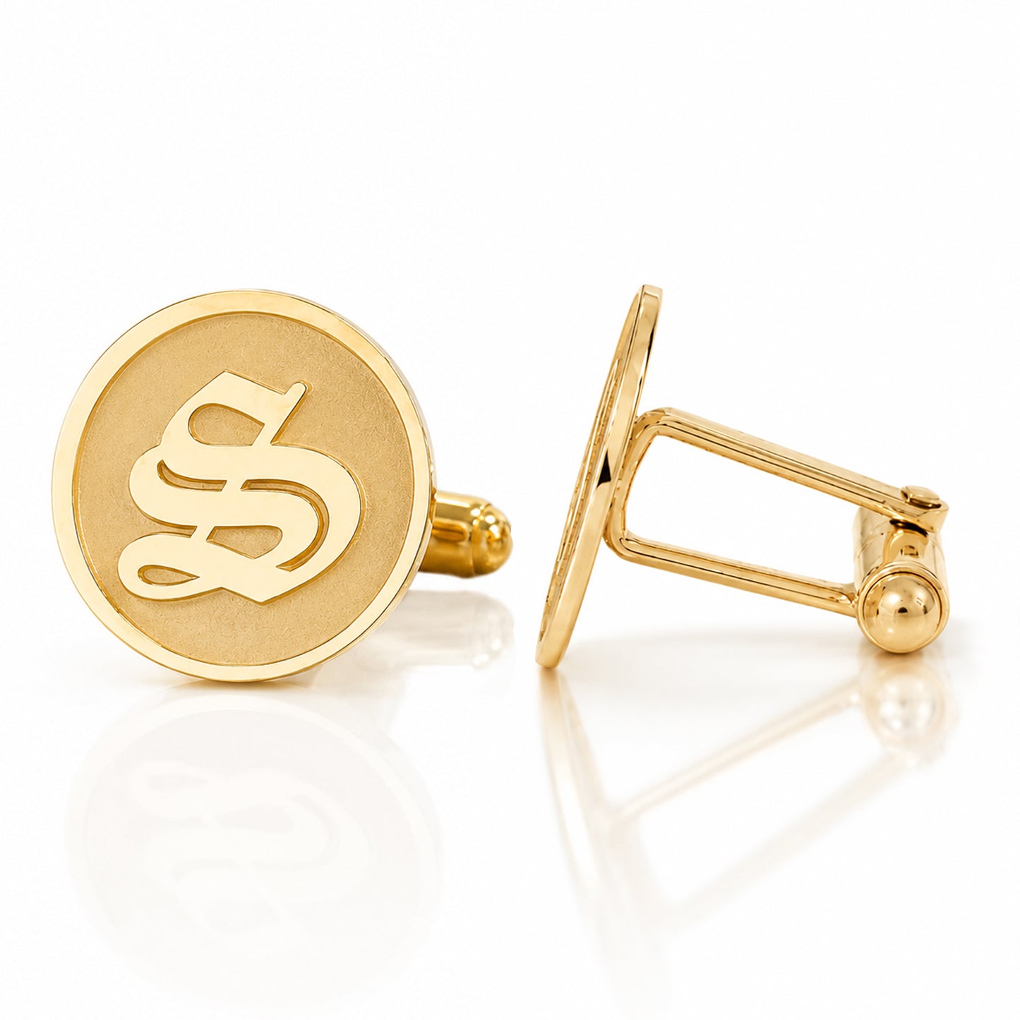 14K Initial Letter Cameo Engraved Coin Cuff Links, Old English Font